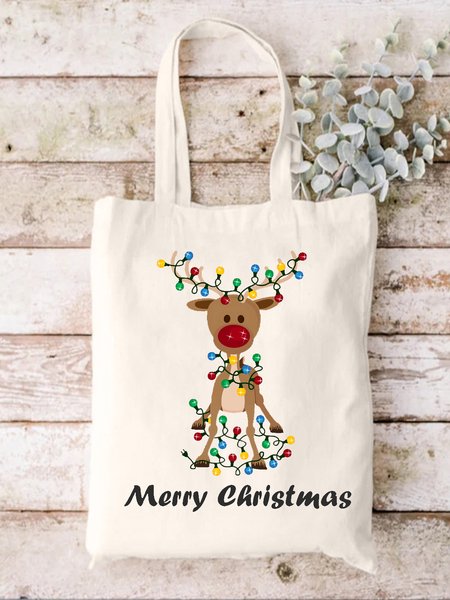 

Merry Christmas Elk Colorful Light Bulb Christmas Graphic Shopping Tote, White, Bags