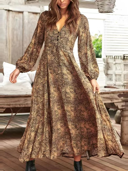 

V Neck Lantern Sleeve Boho Dress, Khaki, Maxi Dresses