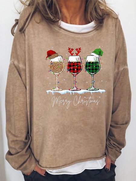 

Women's Merry Christmas 3 Red Wine Glasses Christmas Crew Neck Casual Sweatshirt, Khaki, Hoodies&Sweatshirts