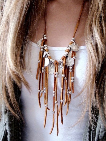 

Boho Suede Beaded Fringe Necklace Leather Sweater Chain, Brown, Necklaces