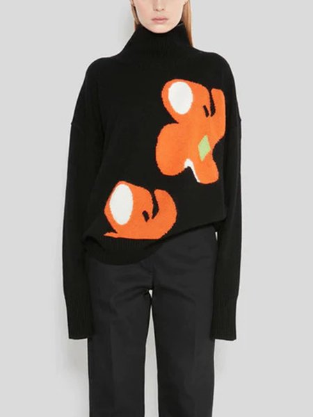 

Casual Turtleneck Acrylic Sweater, Black-orange, Pullovers
