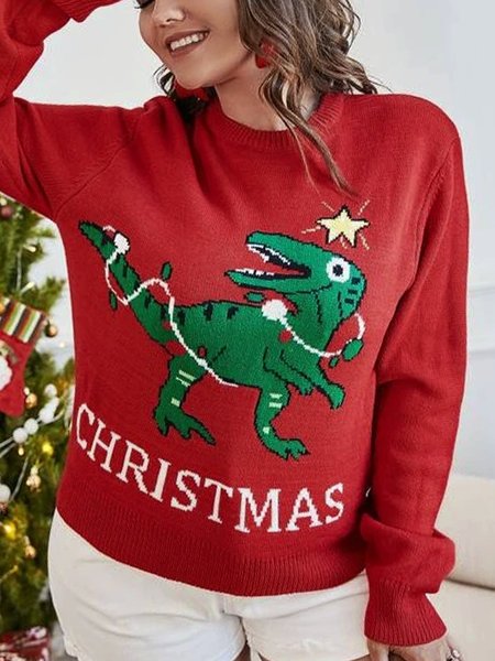 

Simplee Plus Christmas Letter & Dinosaur Pattern ugly Sweater, Multicolor, Sweaters