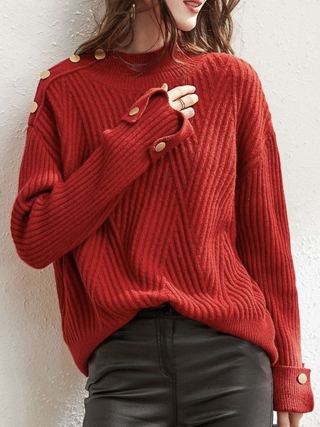 

Daily Long sleeve Crew Neck Plain Sweater, Red, Pullovers
