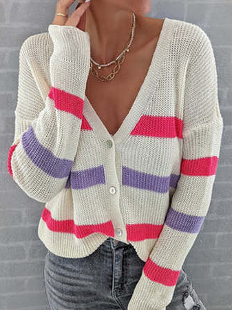 

V Neck Knitting Sweater Coat, Multicolor, Cardigans