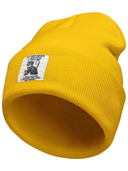 

My Four Moods Cat With Coffee Animal Graphic Beanie Hat, Yellow, Hats