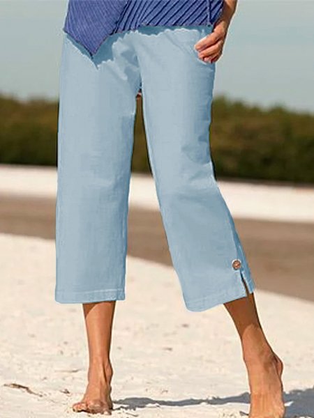 

Loose Cotton Plain Casual Pants, Blue, Pants
