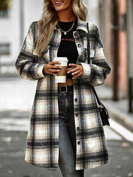 

Plaid Longline Shirt Jacket with Pockets, Black-grey, Coats