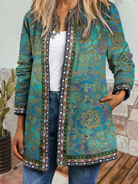 

Vintage Ethnic Print Long Sleeve Jacket, Green, Outerwear