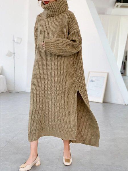 

Daily Long sleeve Turtleneck Simple Dress, Khaki, Midi Dresses