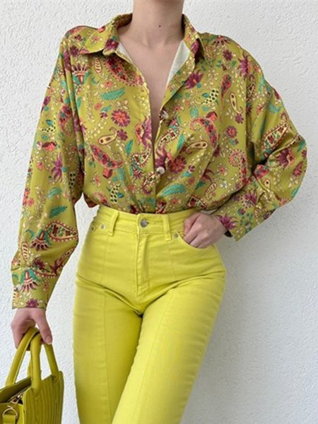 

Loose Floral Casual Long Sleeve Blouse, Yellow, Blouses and Shirts