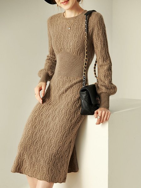 

Elegant Crew Neck Plain Sweater Dress, Light coffee, Midi Dresses
