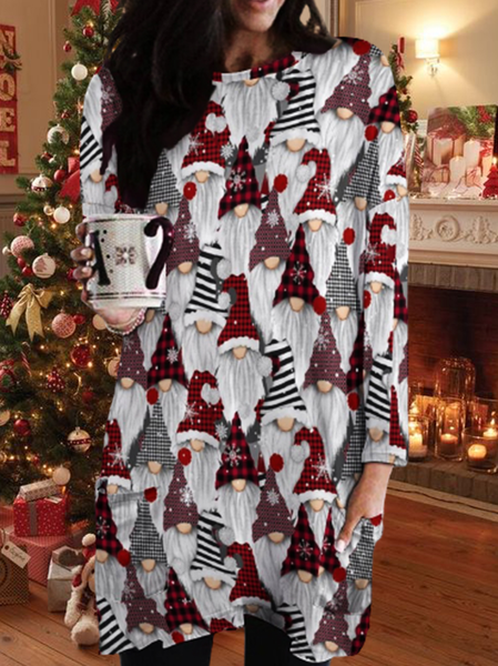 

Women Crew Neck Christmas Gnomes Loose Dress, Red, Dresses
