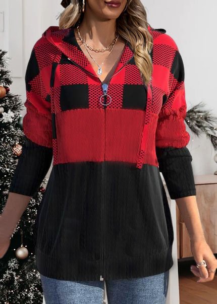 

Casual Plaid Panel Hooded Jacket, Red, Coats