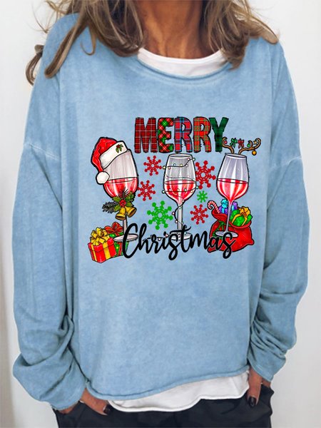 

Women Merry Christmas Wine Glass Crew Neck Loose Sweatshirt, Light blue, Hoodies&Sweatshirts