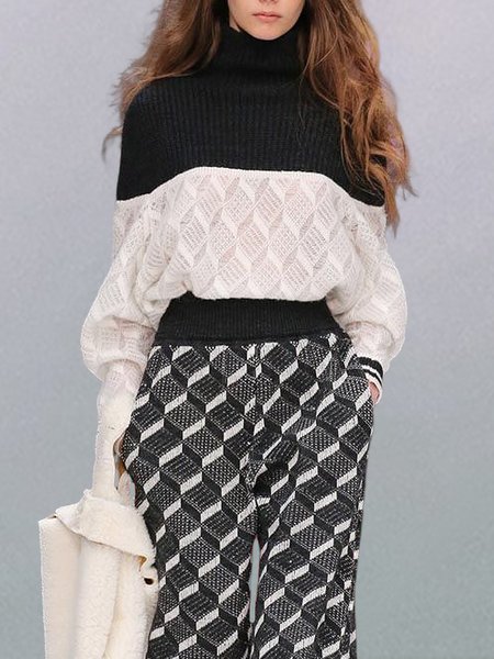 

Long sleeve Turtleneck Color Block Sweater, Black-white, Pullovers
