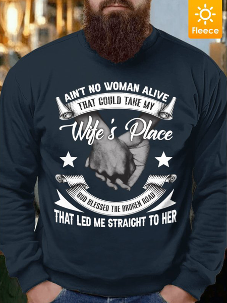 

Men Wife’s Place That Led Me Straicht To Her Fleece Regular Fit Crew Neck Text Letters Sweatshirt, Navyblue, Hoodies&Sweatshirts
