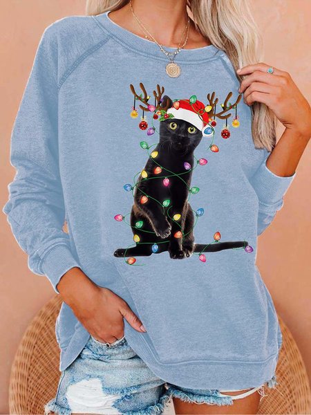 

Women Black Cat Light Hat Casual Christmas Sweatshirt, Light blue, Hoodies&Sweatshirts