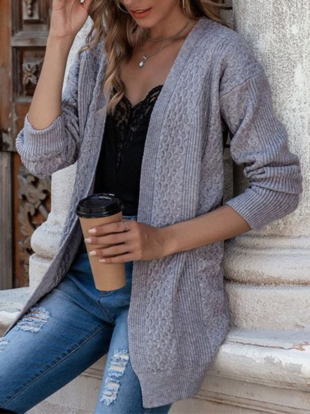 

Casual Plain Knitted Sweater Coat, Gray, Outerwear