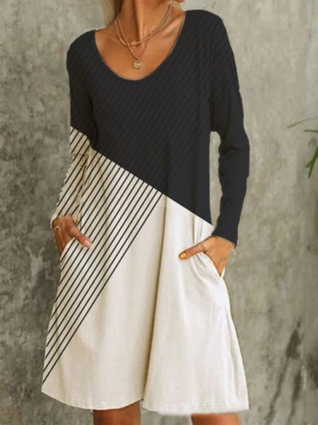 Crew Neck Casual Color Block Dresses, Black-white, Dresses