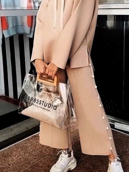 

Casual Plain Casual Mid Waist Ankle Pants, Khaki, Pants