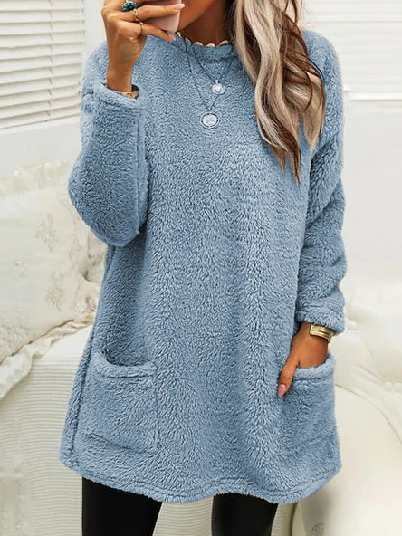 

Women Winter Plush Pullover Crew Neck Casual Thermal Dress with Pockets, Blue, Mini Dresses