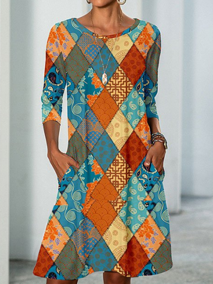 

Crew Neck Loose Geometric Dresses, Multicolor, Dresses