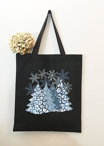 

Christmas Tree Snowflakes Graphic Shopping Tote, Black, Bags