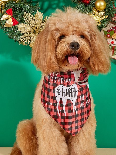 

Christmas Elk Snowman Black and White Plaid Scarf Cat Dog Pet Scarf Holiday Decoration, Reddish black, Pet Supplies