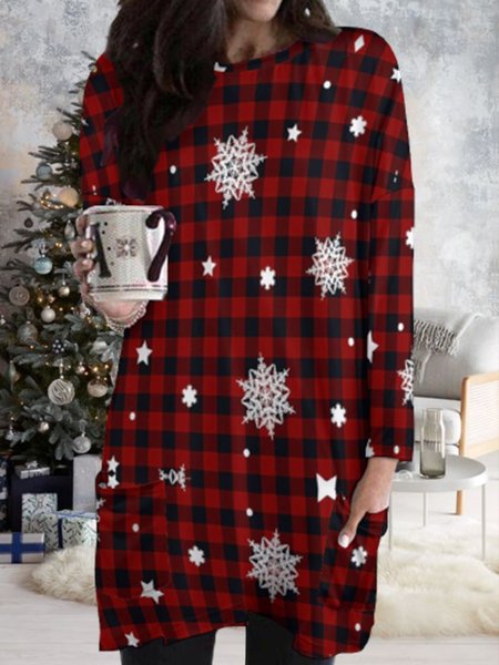 

Women Christmas Snowflakes Casual Plaid Crew Neck Dresses, Red, Dresses