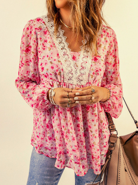 

Regular Fit V Neck Floral Tops, Red, Shirts & Blouses