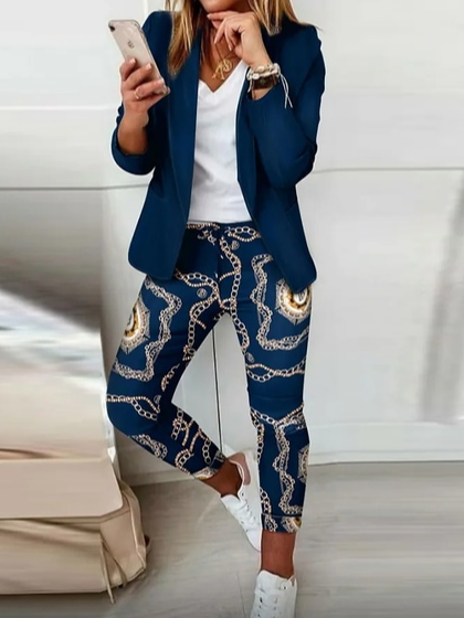 

Abstract Lapel Collar Two Piece Sets, Dark blue, Suit Set