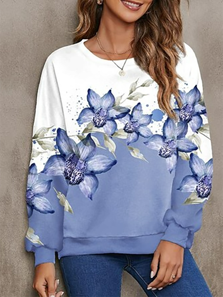 

Casual Floral Crew Neck Sweatshirts, Blue, Hoodies & Sweatshirts