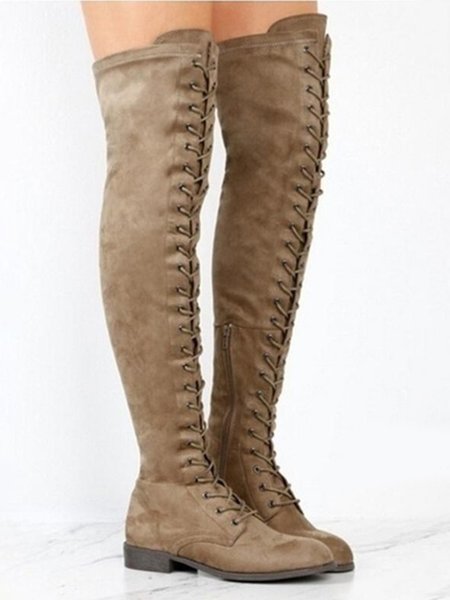 

Lace-Up Front Over Knee Low Heel Rider Boots, Khaki, Boots