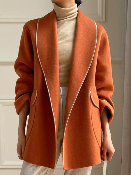 

Elegant Plain Shawl Collar Pockets Overcoat, Orange, Coats