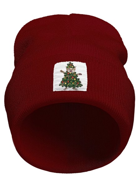 

Funny Cat Christmas Tree Animal Graphic Beanie Hat, Wine red, Hats