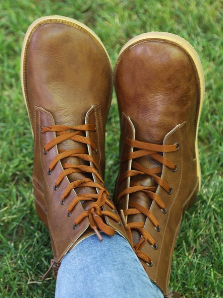 

Leather Simple Casual Lace-Up Zip Booties, Brown, Boots