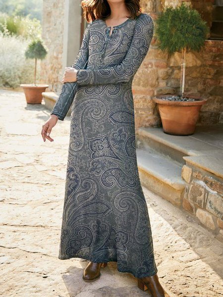 

Paisley Crew Neck Vintage Dresses, Grey-blue, Dresses