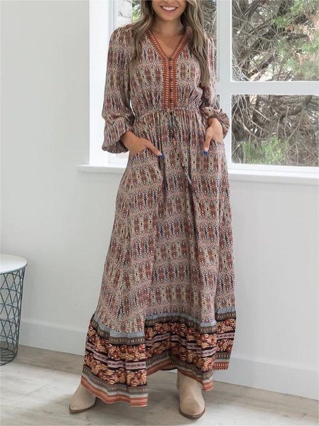 

V Neck Vintage Ethnic Dresses, As picture, Dresses