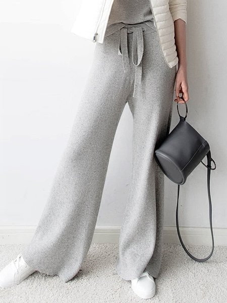 

Soft Waxy Comfortable High-Waist Cashmere Knitted Drawstring Pants, Gray, Pants