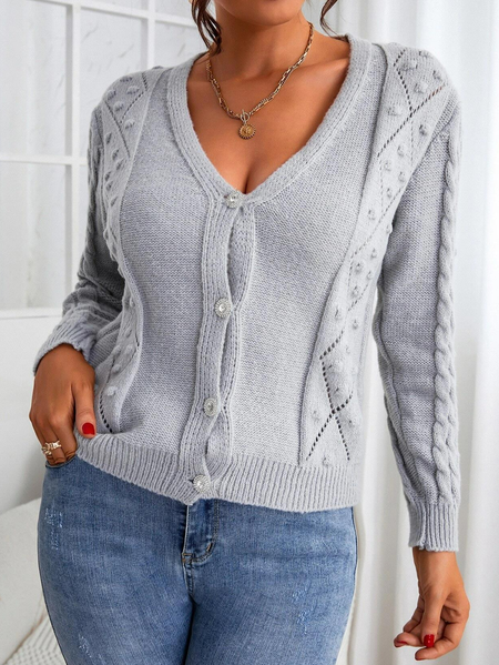 Casual Plain Cable Knit Pom Pom Cardigan, Gray, Sweaters