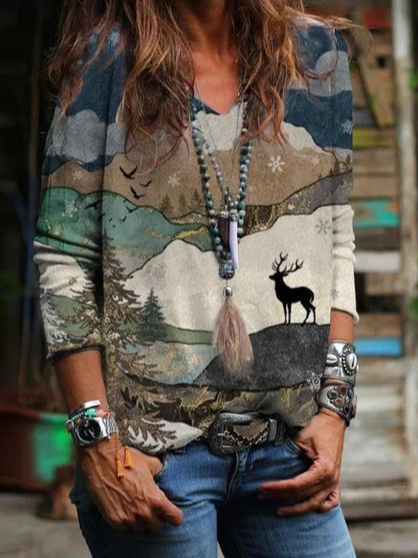 

Milu Deer Loose Ethnic West Style T-Shirt, Multicolor, T-Shirts