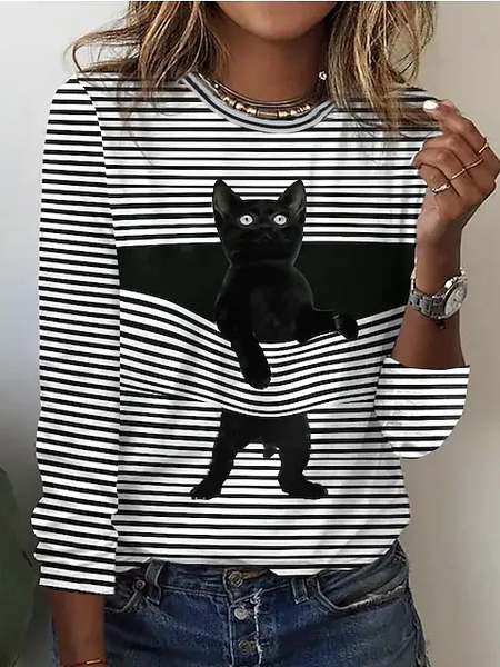 

Striped Crew Neck Casual T-Shirt, Black, T-Shirts
