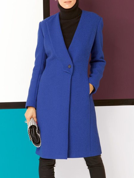 

Elegant V Neck Plain Long Sleeve Overcoat, Deep blue, Coats