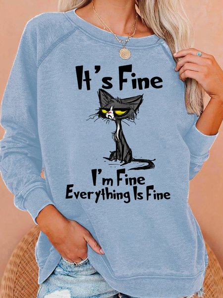 Womens Funny I Am Fine Black Cat Casual Christmas Sweatshirt, Light blue, Hoodies&Sweatshirts