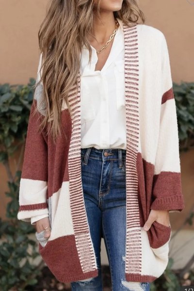 

Colorblock Loose Wrap Cardigan, White-red, Cardigans