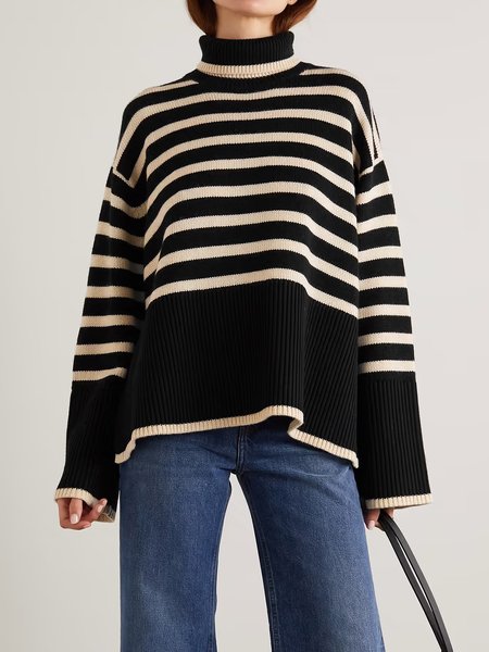 

Casual Half Turtleneck Sweater, Black-white, Pullovers
