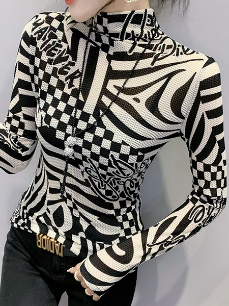 

High Elasticity Stand Collar Long sleeve Urban Tight T-Shirt, Black-white, Tees
