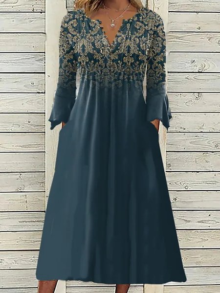 

Ethnic Loose V Neck Dress, Blue, Dresses