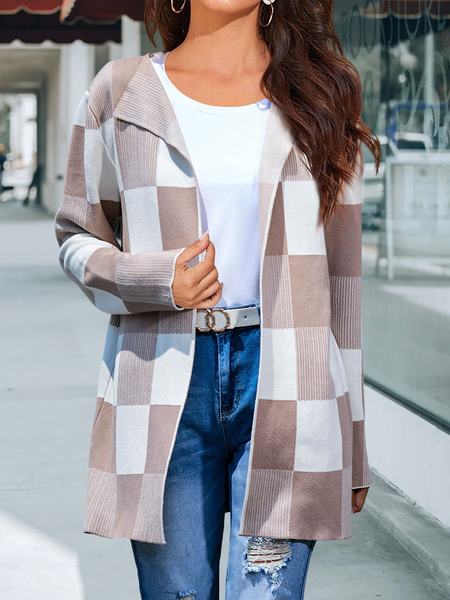 

Casual Plaid Regular Fit Sweater Coat, Khaki, Cardigans