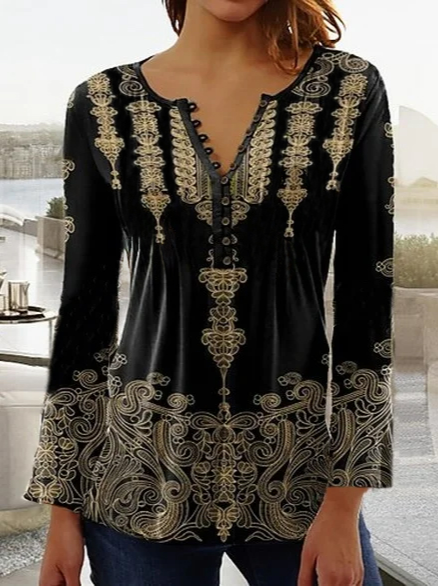 

Ethnic V Neck Casual Loose T-Shirt, Multicolor, T-Shirts